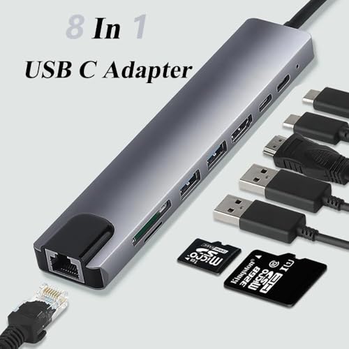 Image of USB C Hub - 8-in-1 USBC Adapter with USB, C-USB, 100W PD, USB 3.0 5Gbps Ports, SD /TF Card Reader - USB-C Dongle for Office, Meetings, Travel & Home Setup-Silver