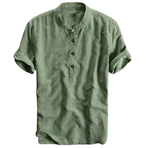 Camisa de lino de verano para hombre, de manga corta, de verano, con botones, monocolor, playa, vacaciones, ocio, verano, informal, corte regular, parte superior, Y2-Ejército Verde, L