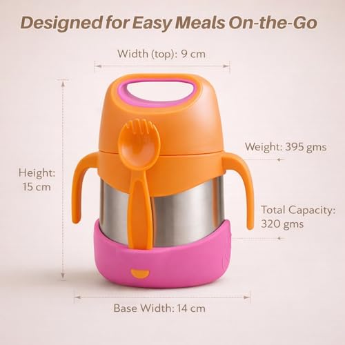 Image of Speedex Kids Insulated Food Jar 320ml Tango Pop (Orange), Stainless Steel Lunch Box with Handle & Spork, Leak Proof BPA-Free Double Wall Vacuum Tiffin, Hot & Cold Food Container