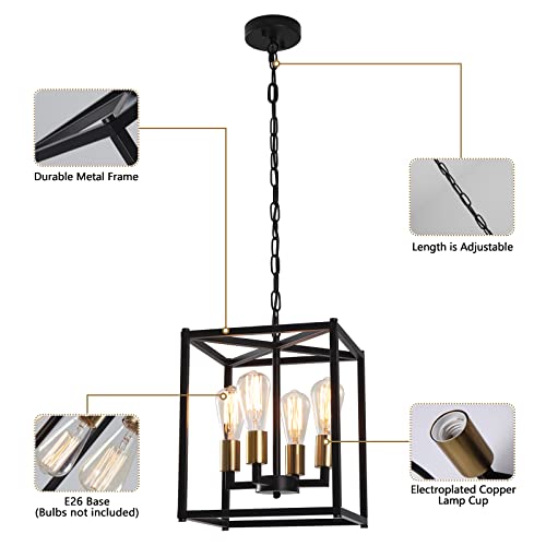 Bosomfr Lantern Pendant Light, 4-Light Gold Chandelier With Metal Cage Industrial Ceiling Hanging Light Fixture For Kitchen Island Foyer Dining Room Living Room Hallway #TOP2