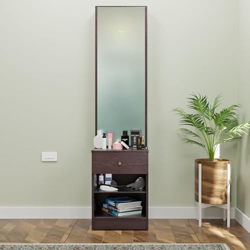 Image of VIKI | Engineered Wood Dressing Table with 1 Drawer, Mirror and Huge Storage Space | Vanity for Living Room, Bedroom (Dark Wenge- 43.8W x 40D x 182.6H cms)