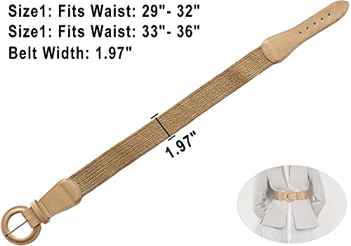 Yucforen Women Skinny Dress Belt, Elastic Stretch Waist Band Straw Woven Rattan Wood Buckle Belts (Type 8-Khaki, Fits Waist: 29"-32") #TOP5