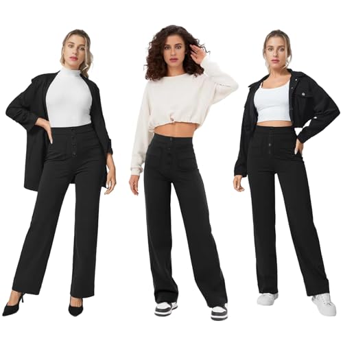 Glacspyg Weite Hose Damen Hohe Taille Sporthose Knopf Gerade Hosen mit Taschen Elastische Freizeithose Schwarz M