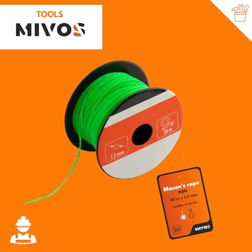 MIVOS Mauerseil - Maurerschnur 50m, Stärke 1,2mm - Richtschnur in grün - Bauschnur - Lotschnur - Langlebiger, Reißfester Pflasterschnur - Senklotseil - 210N