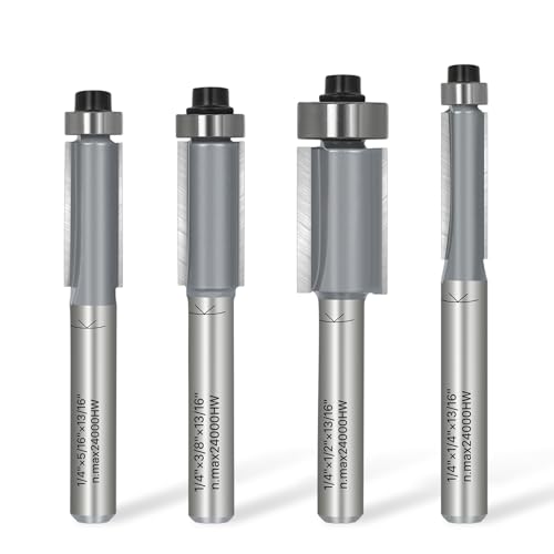 KEENTECH 4PCS Flush Trim Router Bit Set 1/4 Inch Shank, Cutting Diameter: 1/4