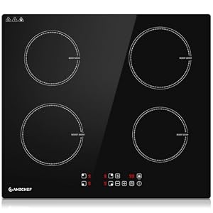 AMZCHEF 4 Platten Induktionskochfeld 60 cm, 7400W Einbau Induktionskochplatte mit 9 Leistungsstufen und Boost, Sicherheitsschloss und Timer, Überhitzungsschutz, LED-Touchscreen