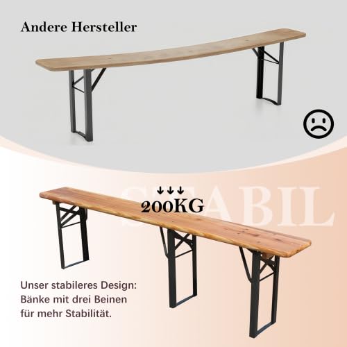 Set per panchina da birra con tavolo pieghevole, 3 pezzi, pieghevole, resistente alle intemperie, per terrazze e campeggio, legno di pino, 177 x 46 x 78 cm