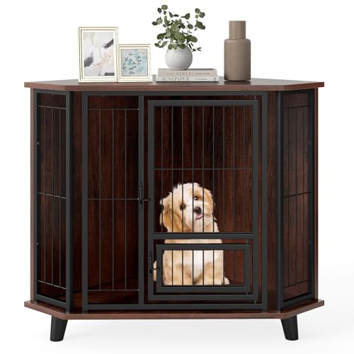COSTWAY Eck Hundekäfig Möbel, Hundehütte mit abschließbarer Tür & 3 Holzbeinen, Hundebox aus Holz und Metall, für kleine mittelgroße Hunde, Indoor, Braun, 60 x 60 x 71,5 cm