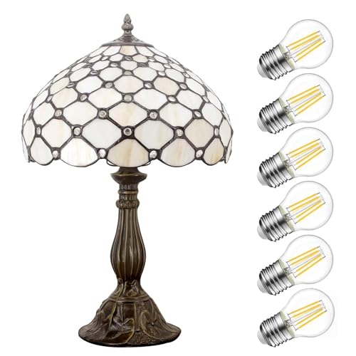 Image of WERFACTORY Tiffany Lamp Cream Amber Stained Glass Bead Table Lamp Desk Bedside Reading Light 12X12X18 Inches Deco Bedroom Living Room Home Office S005 Series