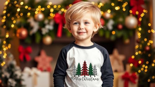 Image of Toddler Christmas Shirts for Boys and Girls Merry Christmas Plaid Monster Truck Tree Graphic Long Sleeve Xmas Tee Tops