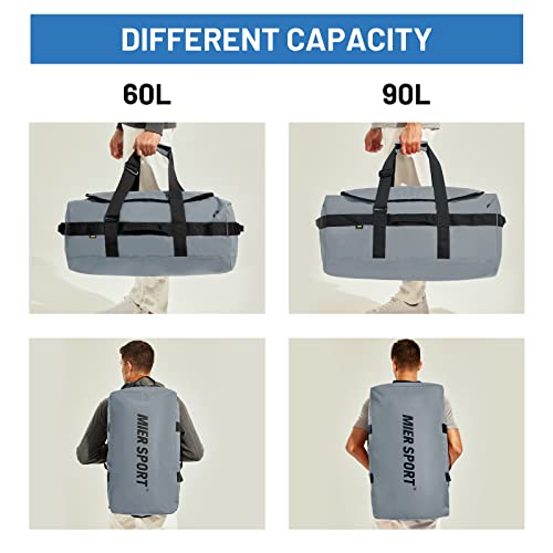 MIER Sporttasche Herren Wasserresistente Reisetasche groß Heavy Duty Convertible Sportrucksack mit Rucksackgurten und Schuhfach für Fitnessstudio, Sport, Reisen, Duffle Bag-Grau 90L