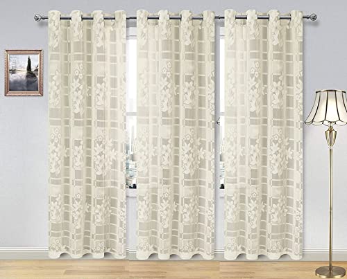 Image of Net Box Flower Design 7 ft Curtains for Window, Door | Long Door Parde | Pooja Room | Drawing Room Curtain Panel 4 feet Width x7 feet Long Set of 3 Pcs, Cream