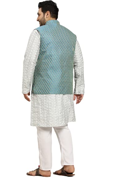 Sojanya Men's Silk Blend Light grey Embroidered Kurta & Self Design Nehru jacket With White Churidar Set2