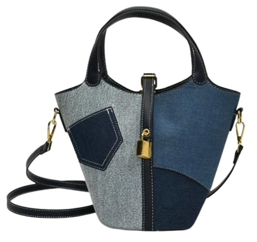 Women Denim Color Block Crossbody Bucket Purses Stylish Top Handle Handbag Casual Tote for Shopping Work