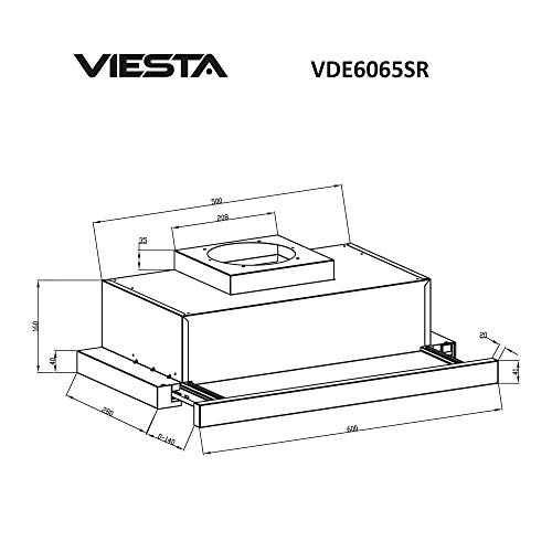 VIESTA® VDE6065SR Dunstabzugshaube 60 cm Flachschirmhaube Einbau ausziehbar Edelstahl Abluft/Umluft (Aktivkohlefilter optional) 333,8 m³/h 59–64 dB Energieklasse B