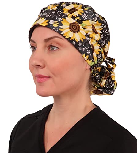 Image of Sparkling EARTH BEEutiful Sunflowers Banded Bouffant Ponytail Classic Surgical Style Scrub Working Cap - Made in The USA!