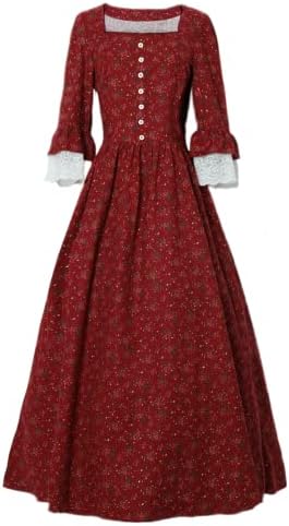 Tumknow Women Vintage Floral Victorian Pioneer Colonial Dress Medieval Renaissance Party Prom Costume Civil War Prairie Dress M Winered