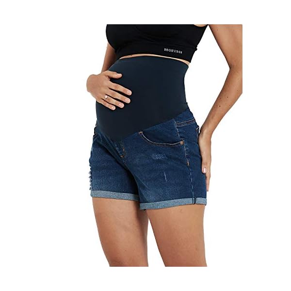 HOFISH Womens Maternity Jeans Shorts Over The Belly Stretchy Comfy Denim Pants Casual Workout Pregnancy Shorts