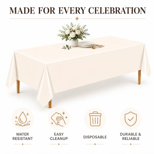 Image of WNINK 4 Pack Ivory Plastic Tablecloths, 54 x 108 Inch Disposable Covers | Ideal for Weddings, Bridal Showers, Baby Showers and Birthdays, Helping Protect Tabletops from Spills and Simplify Cleanup