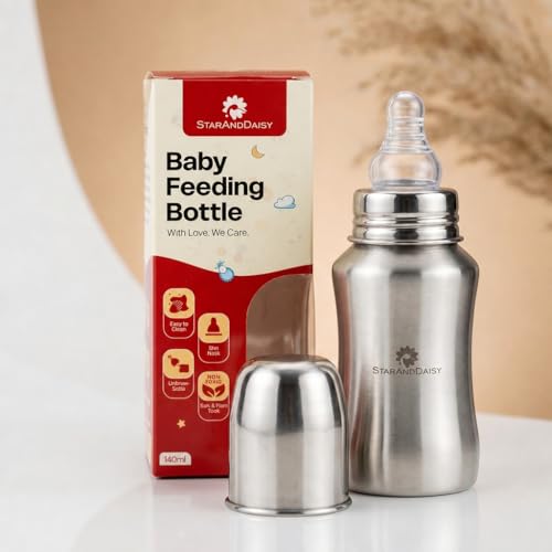 Image of StarAndDaisy Baby Milk Bottle for new Born /Infant /Toddler 140 ML SUS 304 Steel Baby Feeding Bottle for 0+ Months, BPA Free Leakproof Bottle, Anti Colic, Easy to Clean -Silver (Silver -140ML)
