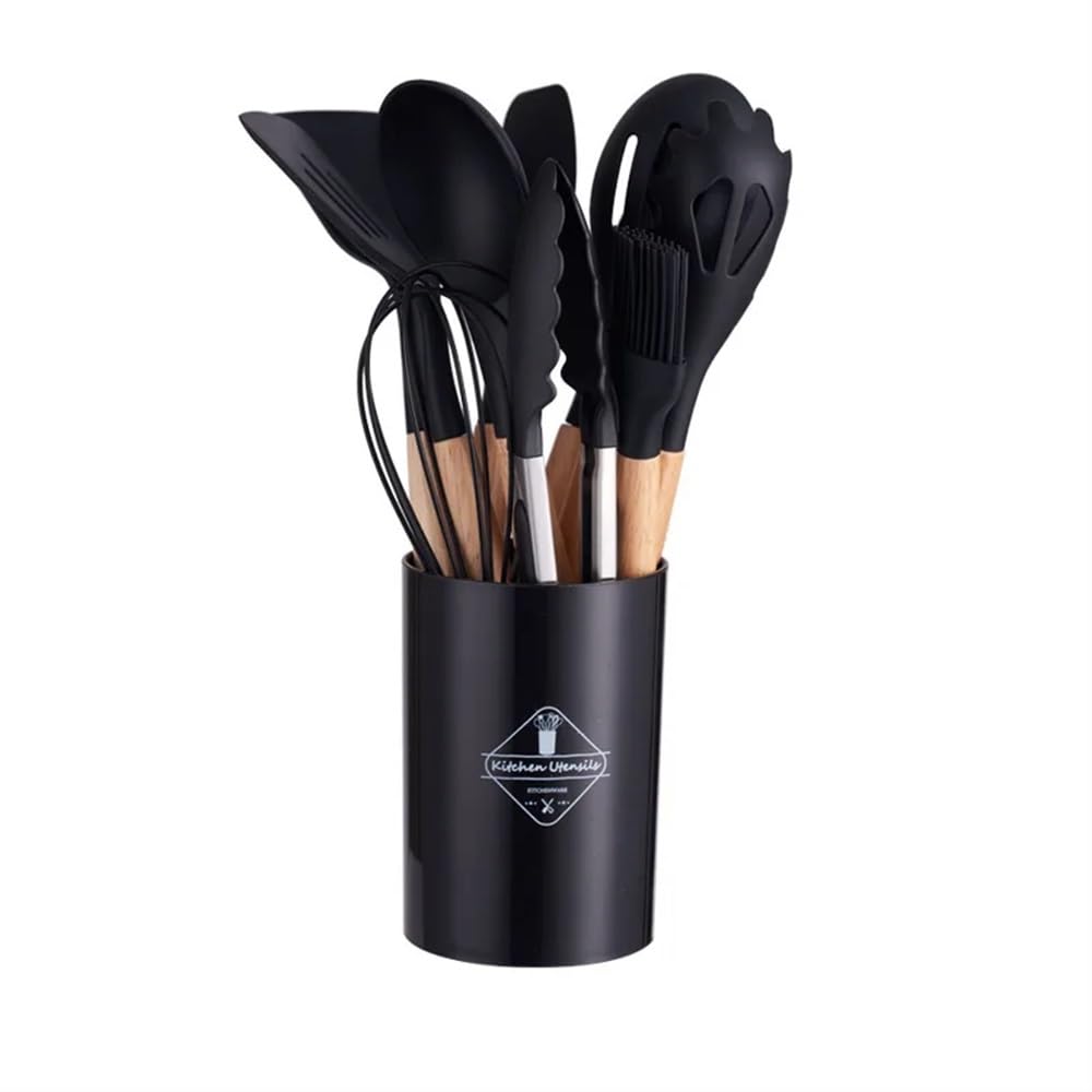 Utensili da cucina in silicone con manico in legno e spatola antiaderente (nero)