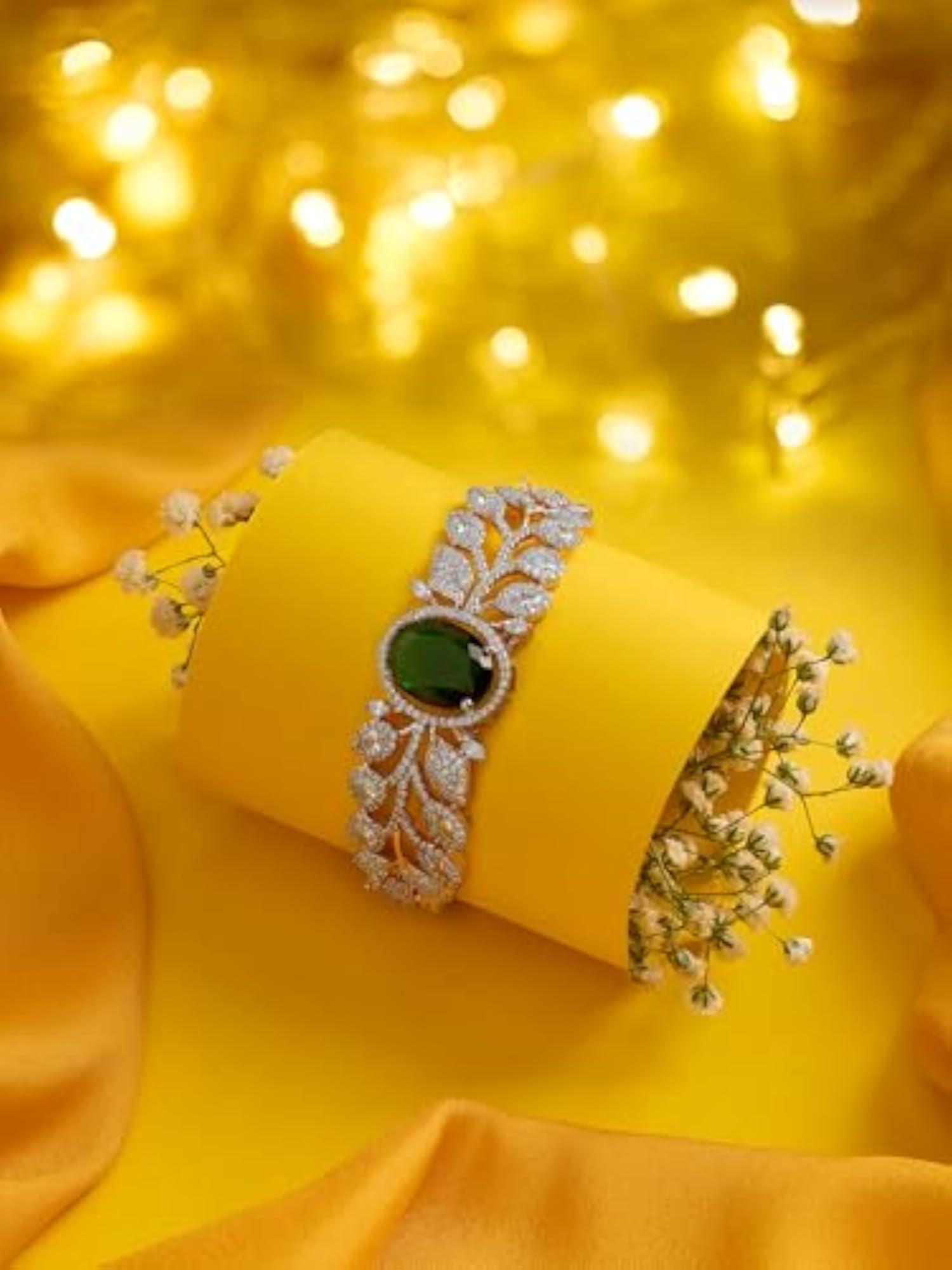 Women's Two Tone Brass Kada Bracelet with Green Stone