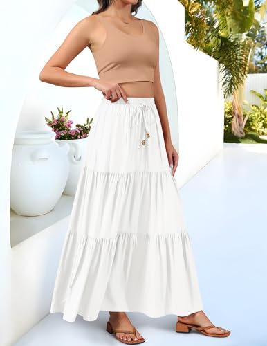 HAEOF Women's Summer Boho Maxi Skirt A-Line Flowy Ruffle Tiered Elastic High Waist Beach Long Skirts with Pockets2