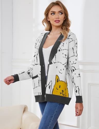 Image of Gihuo Women Cat Sweater Oversized Cute Kawaii Cardigan Knit Graphic V Neck Loose Fit Long Sleeve Cardigan Coat