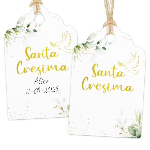 60pz Bigliettini Cresima Etichette Bomboniere Santa Cresima Tag Biglietti Confetti con Nastro Iuta Decorazione per Regalo Scatole Sacchetti Portaconfetti