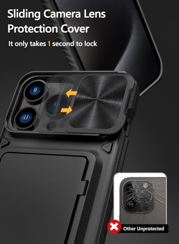 Image of Vihibii for iPhone 15 Pro Max Case with Card Holder (4 Cards) & Slide Camera Cover & Kickstand, Military Grade Drop Protection, Rugged Hard Back & Wallet Back Case, 6.7 inch 2023, Black