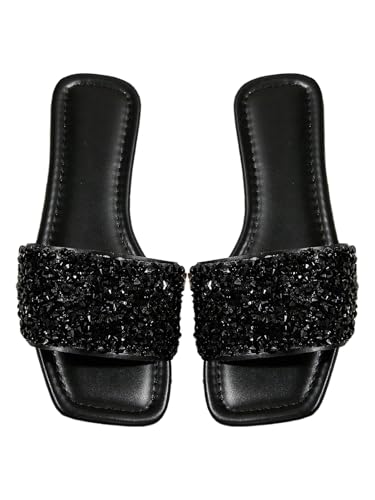 Women's Glitter Slippers PU Leather Pearls Beaded Open Toe Slide Sandals