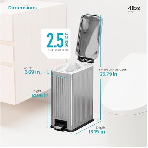 Image of Home Zone Living 3 Gallon Small Trash Can with a Step Pedal Lid | Stainless Steel with Slim Fit Design, Soft-Close Lid for Offices, Bathrooms, Bedrooms and Dorms, Reeded Style Finish, Silver