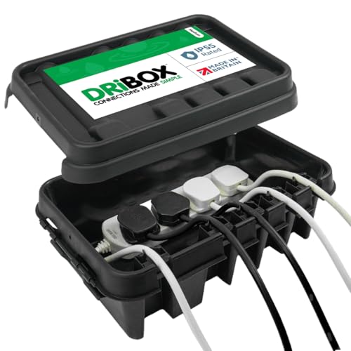 DRiBOX Medium Black IP55 Weatherproof Outdoor Electrical Connection Box 34 x 22 x 11.7cm Power Cord Enclosure for Christmas Lights Timers Extension Cables Leads Reels Transformers (1 Box)