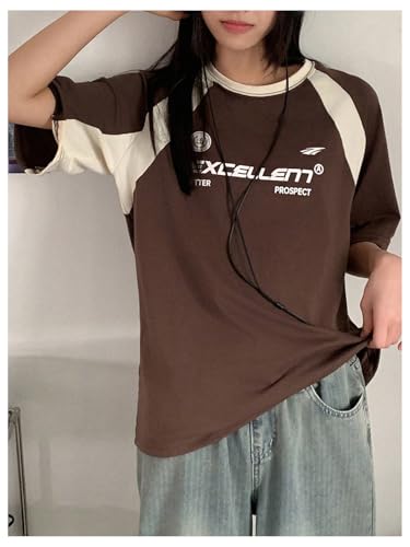 Girl's Color Block Short Sleeve T Shirts Letter Graphic Tees Summer Vintage Casual Shirt2