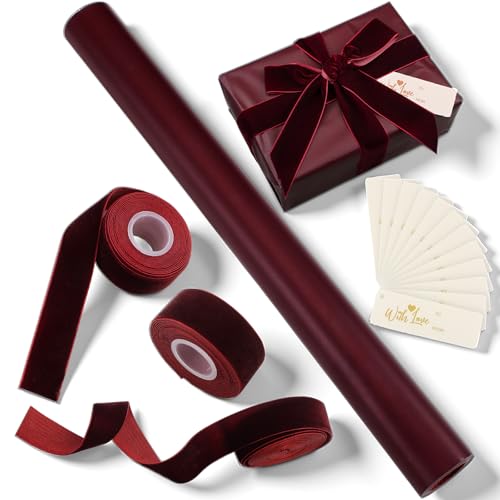 Ctosree Matte Burgundy Kraft Wrapping Paper 32.81 ft with 45 ft Velvet Ribbon 12 Gift Tags Solid Color Gift Wrapping Paper Roll for Graduation Mothers Fathers Day Wedding Birthday Gifts