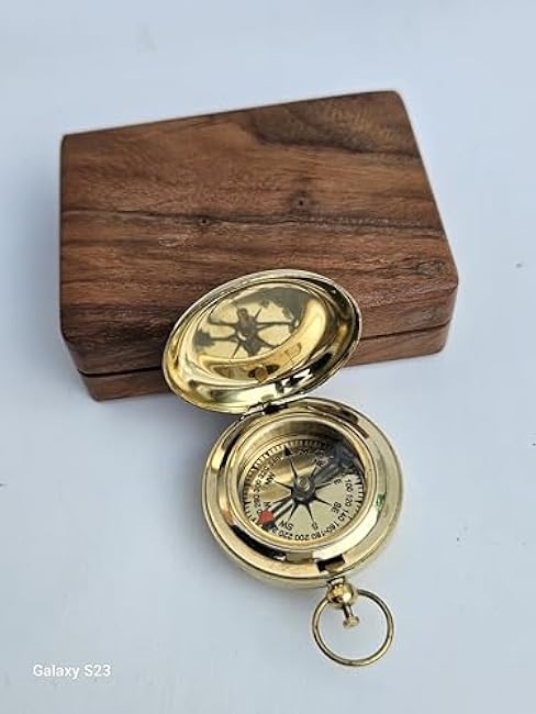 Handmade Brass Navigation Compass with Wooden Box Push Open Compass Antique Brass Sun Clock for Trekking Adventure Travel Gift for Hiking