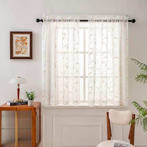 VISIONTEX White Sheer Curtains Beige Embroidered Leaves 2 Panels 54Wx54L