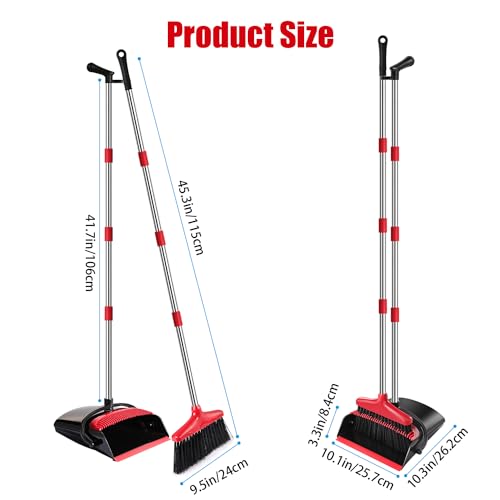 Broom and Dustpan Set with Long Handle, Windproof Stand Up Dustpan with Broom Combo for Home Kitchen Room Office Lobby Floor Use (Red&Black, 45.3IN)