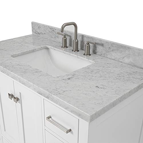 Ariel 43" White Bathroom Vanity W/ 1.5" Edge Italian Carrara Marble Countertop W/Back & Sidesplash | Rectangular Sink | 2 Soft Closing Doors-9 Full Extension Dovetail Drawers | Satin Nickel Pulls #TOP7