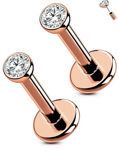 OUFER 2PCS Rose Gold Titanium Flat Back Threadless Stud Earrings, 16G/18G/20G Push Pin Piercing Jewelry – Multiple Post Lengths (5mm–12mm) & CZ Sizes (1.5mm–4mm) for Lobe, Helix, Tragus, Conch, Nose