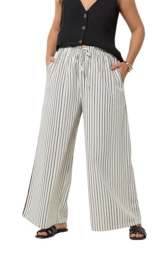 Image of Yours Curve Stripe Paper Bag Waist Trousers - Women's - Plus Size Curve White