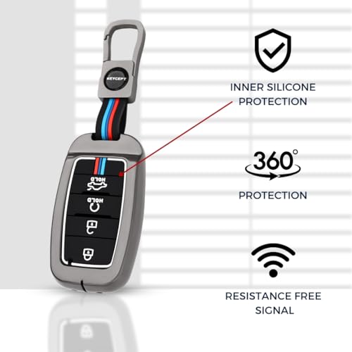 Image of KEYCEPT Metal Key Cover Compatible for Kia Seltos | Sonet | Carens 4 Button Smart Key with Keychain (Dual Black & Tan).