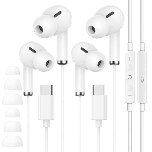 Auriculares USB C para iPhone 17 16 15 Pro Max, 2 Pack Auriculares Tipo C con Micrófono y Control Remoto, Cancelación Ruido Auriculares por Cable USB C para Galaxy S24 S23 S22 S21 Ultra, Pixel 8 9