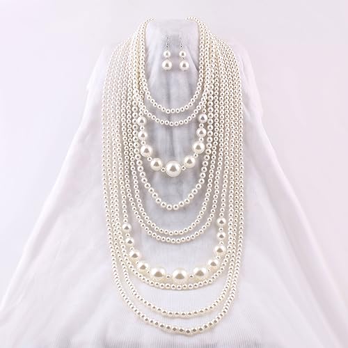 Collar largo de perlas blancas de múltiples capas, perfecto para combinar con tu look de noche 2