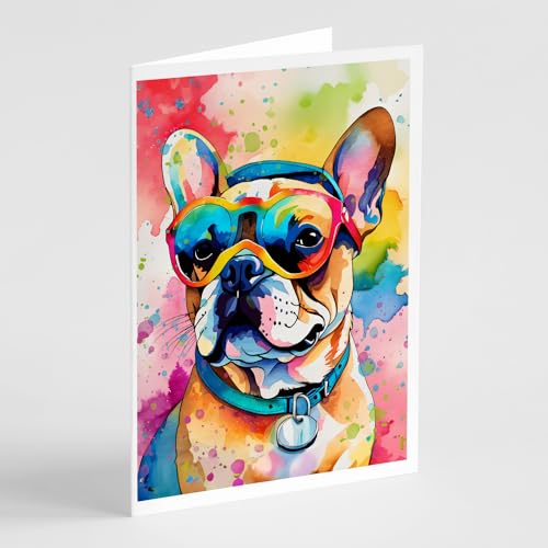 Caroline's Treasures DAC2506GCA7P French Bulldog Hippie Dawg Greeting Cards Pack of 8 Blank Cards with Envelopes Whimsical A7 Size 5x7 Blank Note Cards