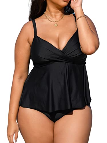 Cupshe Women Swimsuit Tankini Set Two Piece Bathing Suit Wrapped V Neck High Waisted Flowy Ruffle Hem 1X, Black #TOP18