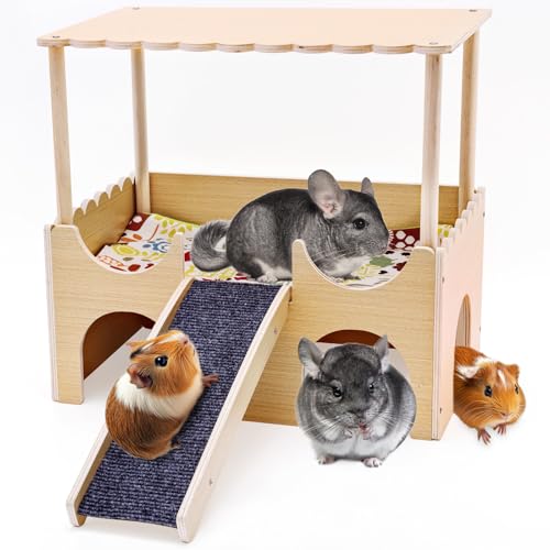 Guinea Pig Castle,Large Wooden Guinea Pig Hideout with Stairs,2 Tierd Small Animal Bed, Easy to Install for Hamsters Chinchillas Bunny Playing Hiding