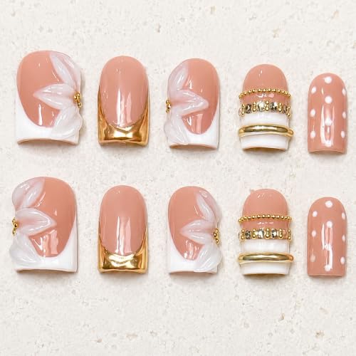 Handmade Press on Nails Short Square - White French Tip Acrylic Fake Nails with 3D Flower & Polka Dots, Elegant Reusable Nude False Nails 10 Pack (Size M)