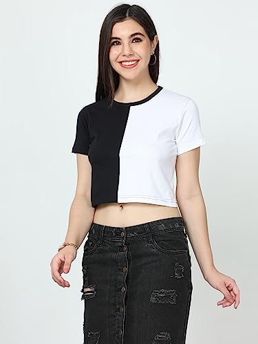 Image of FLEXIMAA Women's Cotton Plain Round Neck Half Sleeve Crop Top