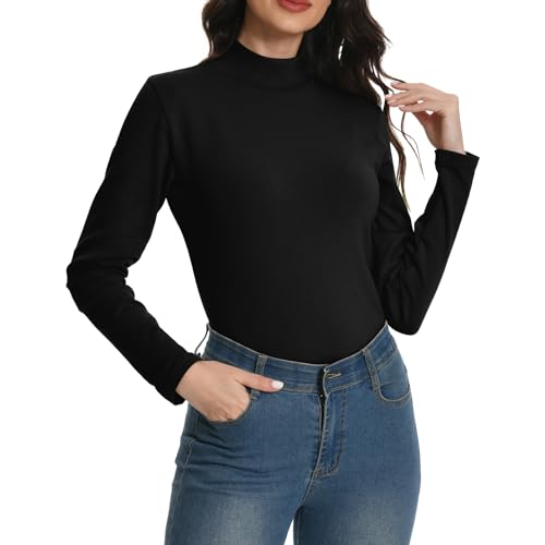 EBANKU Womens Long Sleeve Thermal Tops Mock Neck Base Layers Tight Slim Fit Plain Stretch T-Shirt Tops Light Apricot